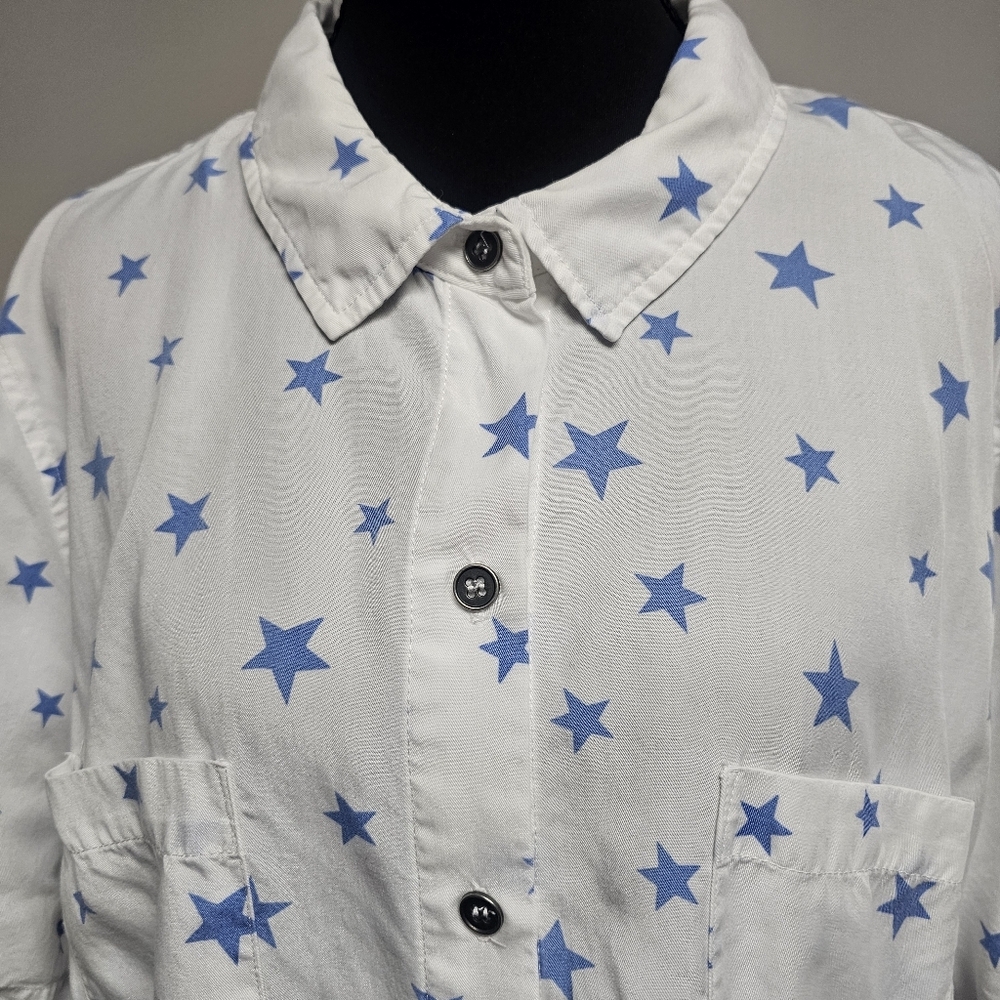 White Blue‎ Stars Patriotic Short Sleeve Button Up Preppy America USA Breathable - Picture 2 of 6